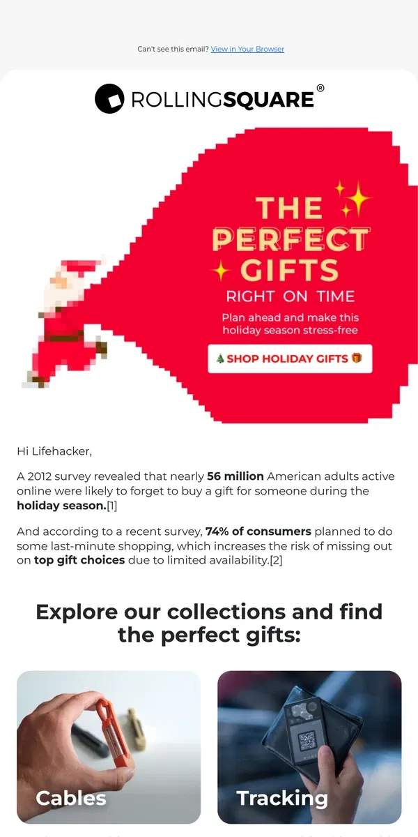 Email from Rolling Square. Plan your holiday gifts now