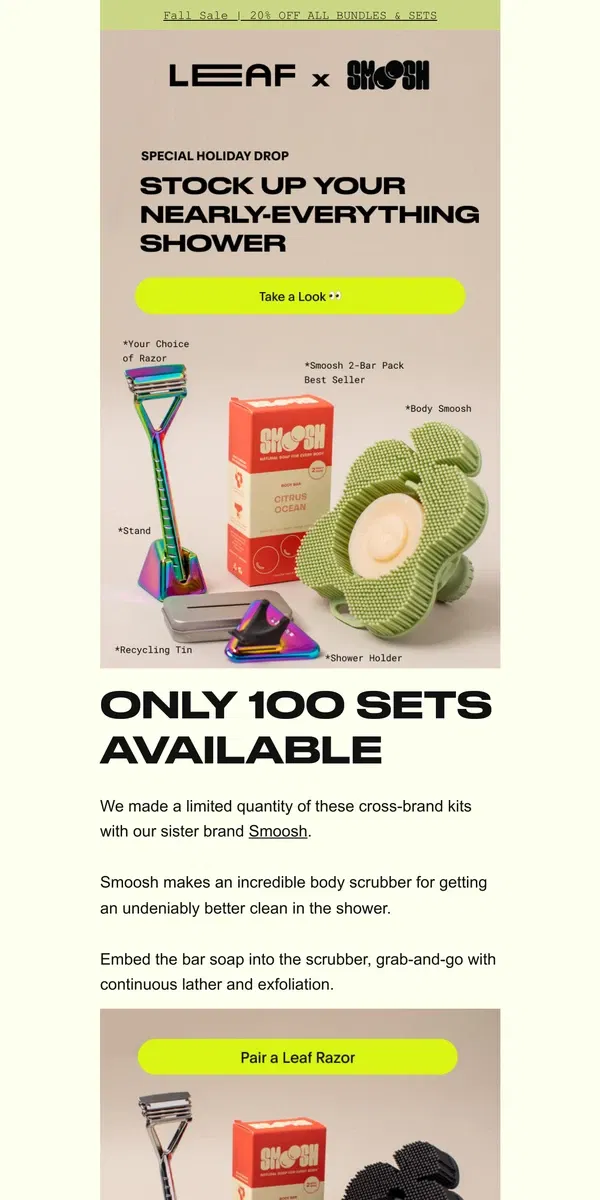 Email from Leaf Shave. New Holiday Bundle: Leaf x Smoosh Shower Set