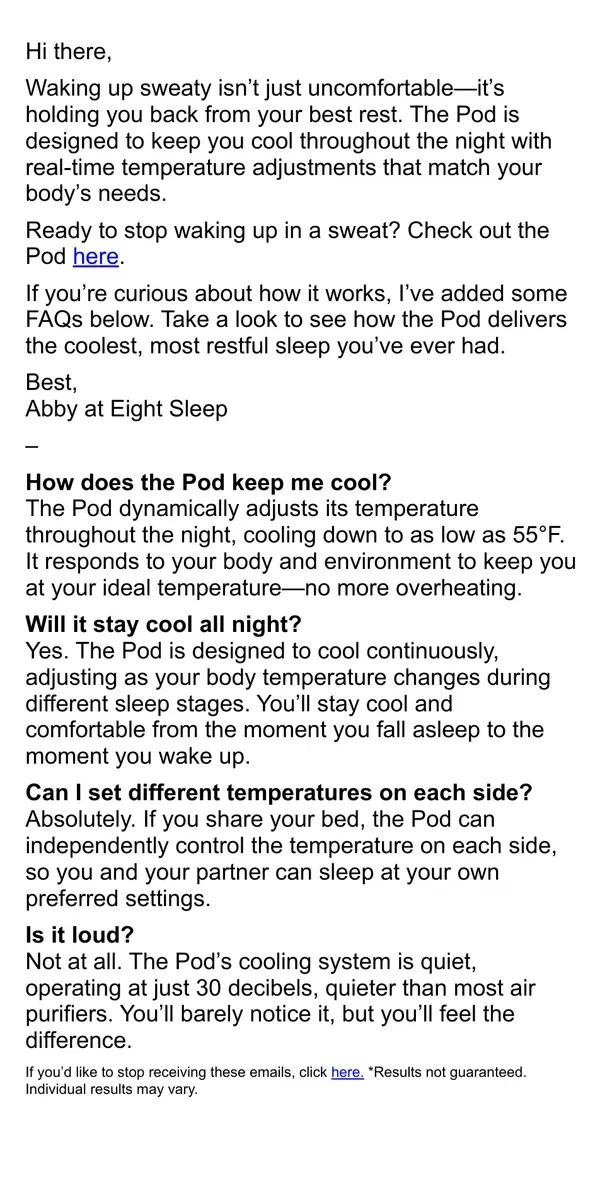 Email from Eight Sleep. Too hot to sleep? The Pod’s got you covered.