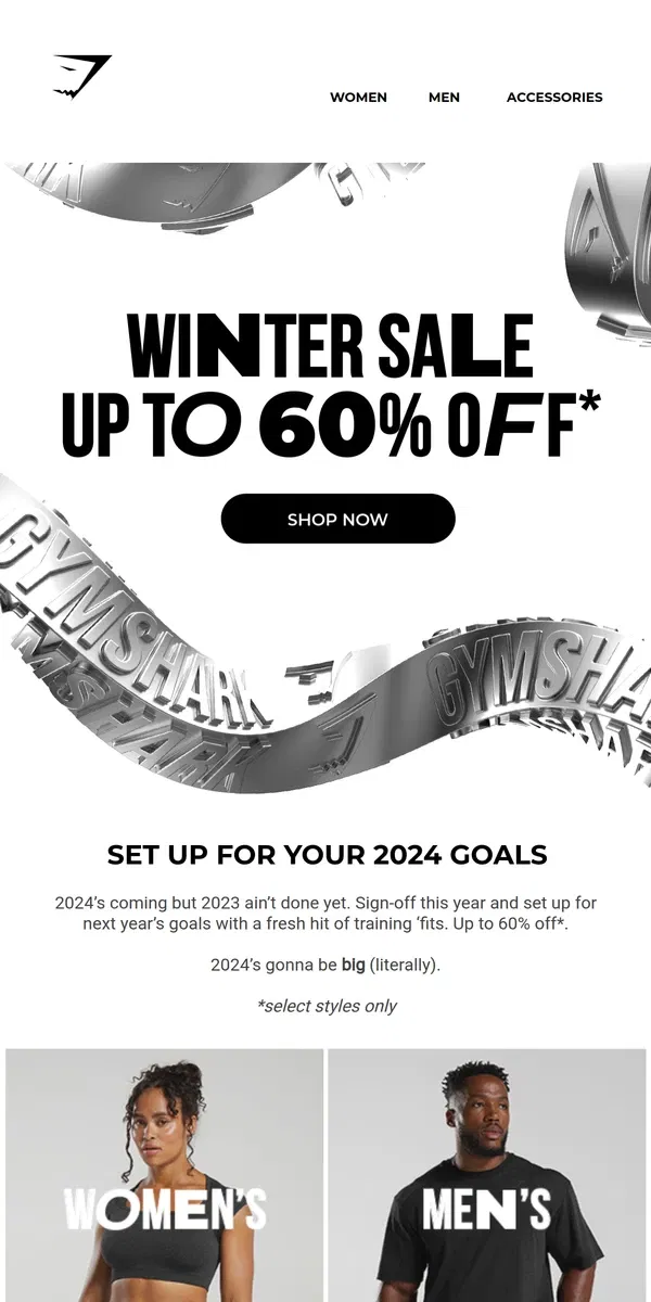 Email from Gymshark. Up to 60% off* to end 2023