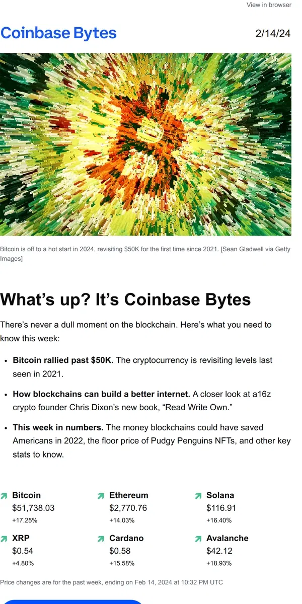 Email from Coinbase. Bitcoin’s rally past $50K 