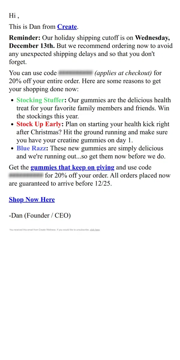 Email from Create Wellness. 📆Shipping Cutoff Reminder