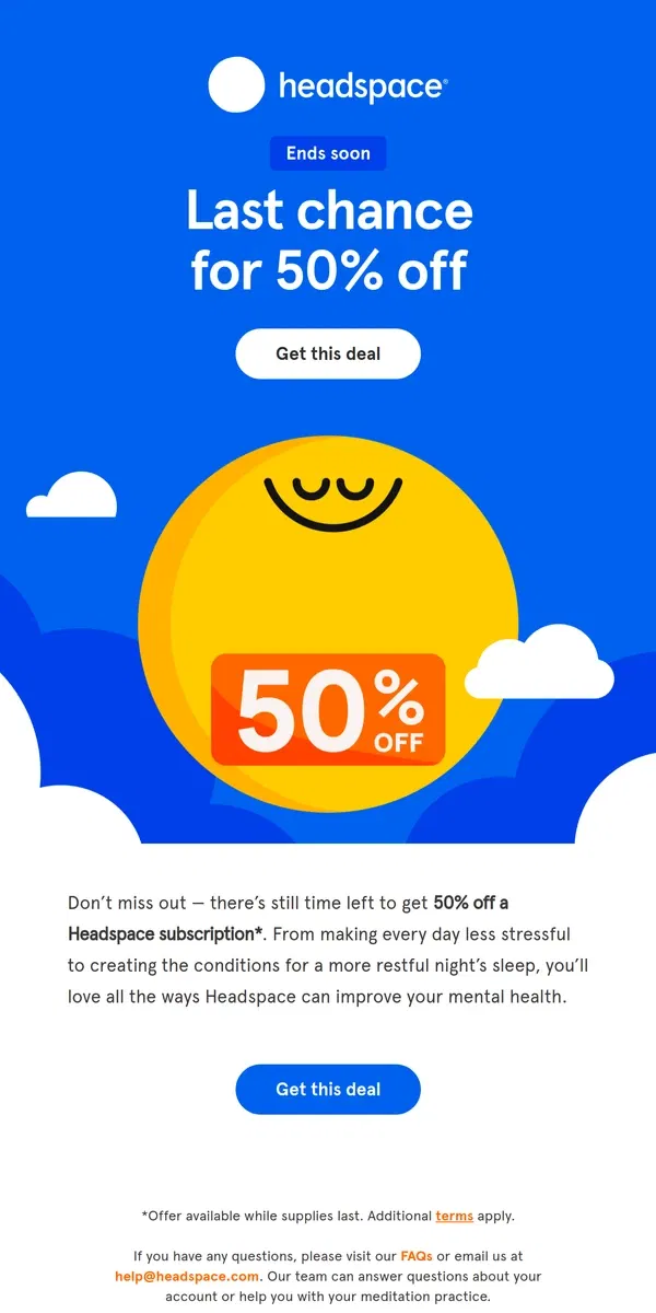 Email from Headspace. Last chance: A deal your mind will love ❤️