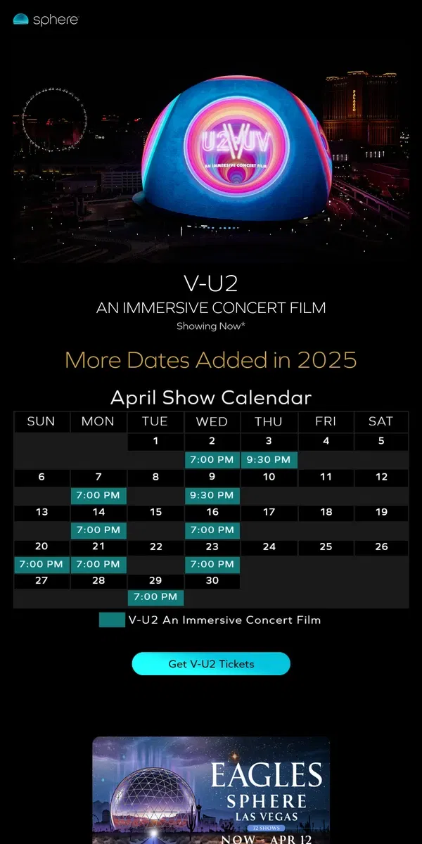 Email from Sphere. April Dates Added for V-U2 An Immersive Concert Film