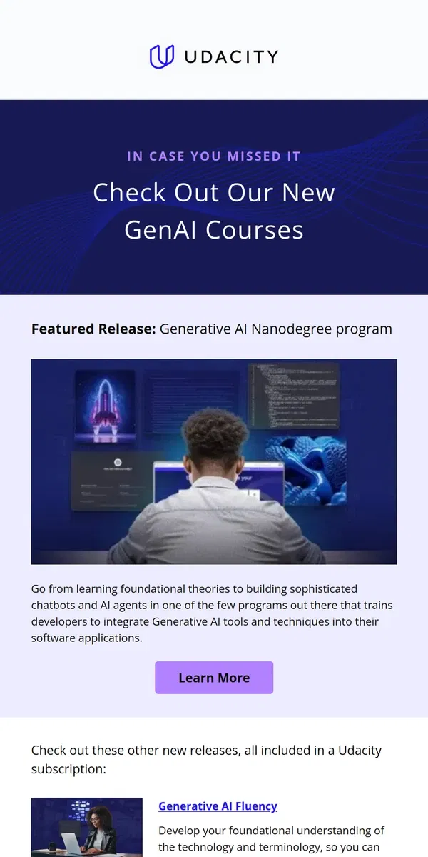 Email from Udacity. Unlock the latest: explore our new Generative AI releases