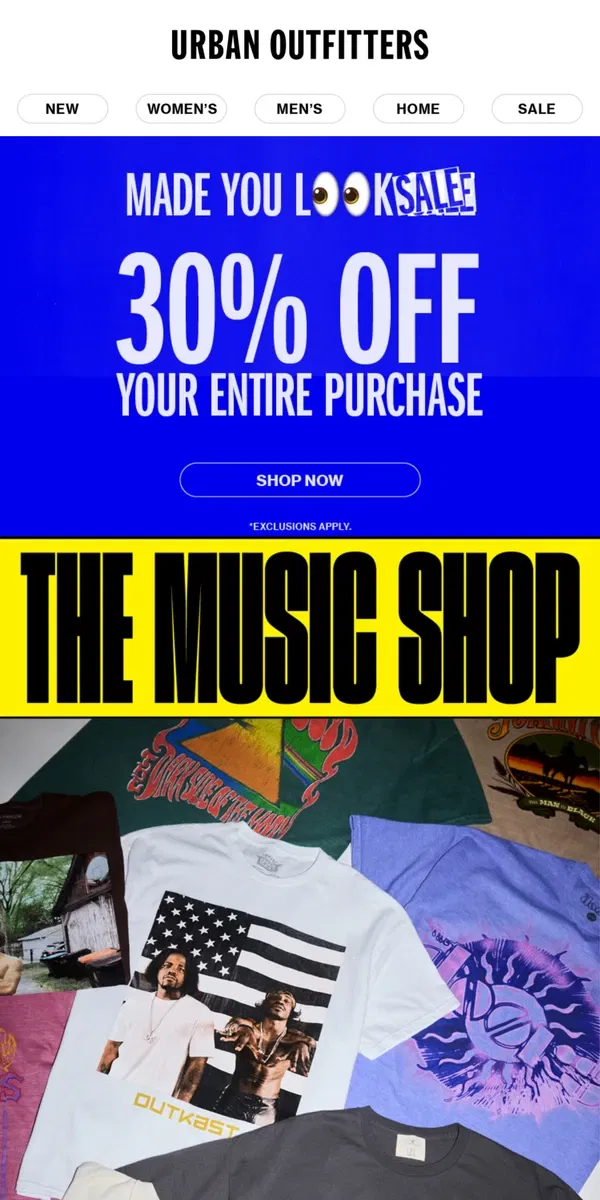 Email from Urban Outfitters. 30% OFF PURCHASE EXTENDED  + music graphics 🎸🎶 +