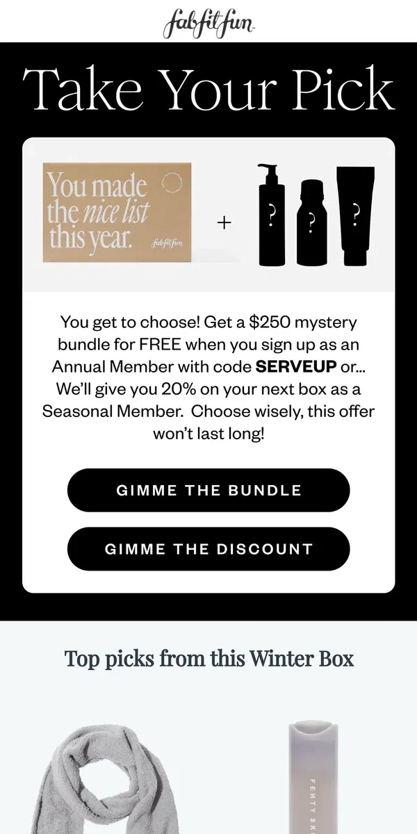 Email from FabFitFun. Want to pick your own offer?