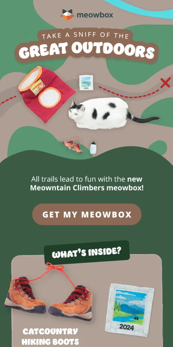 Email from meowbox. Peek at what’s inside the Meowntain Climbers box 👀