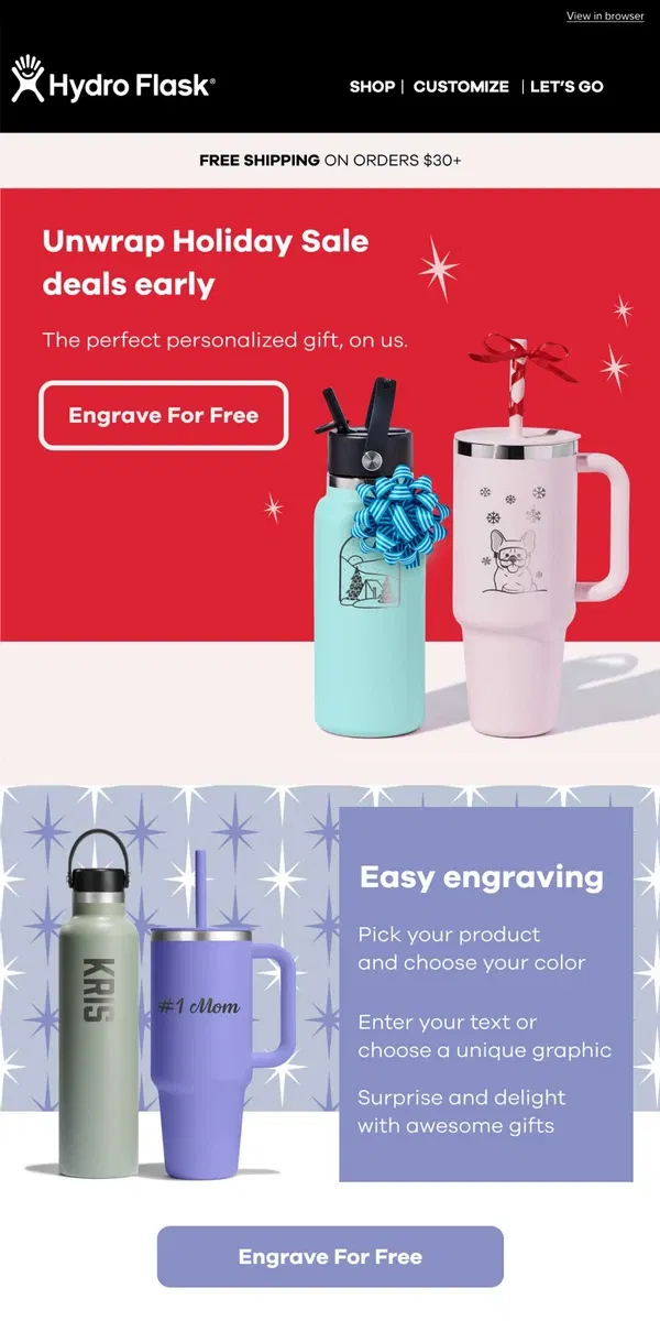 Email from Hydro Flask. Free engraving: unwrap Holiday Sale deals early