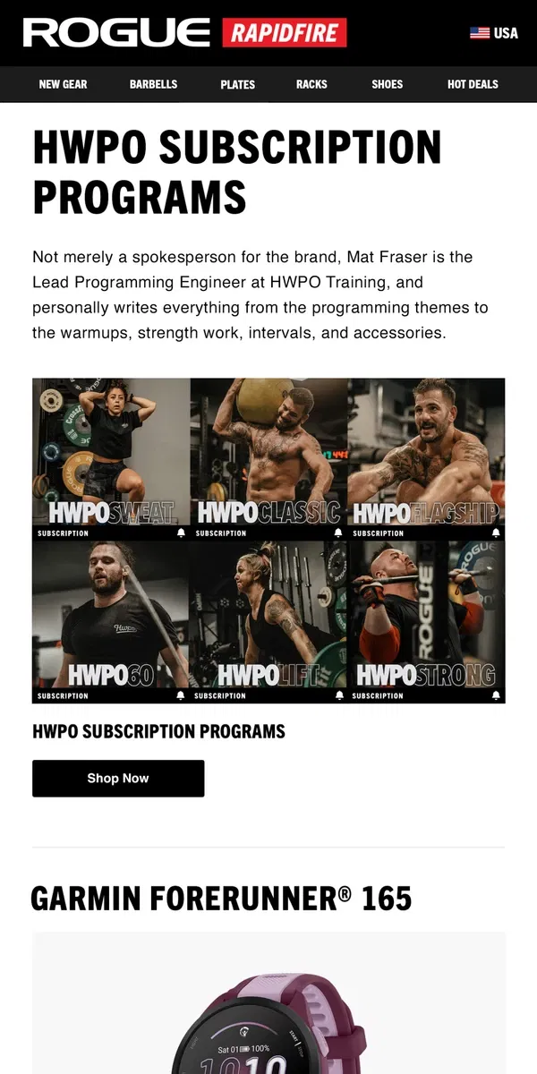 Email from Rogue Fitness. Just Launched: HWPO Subscription Programs & More!