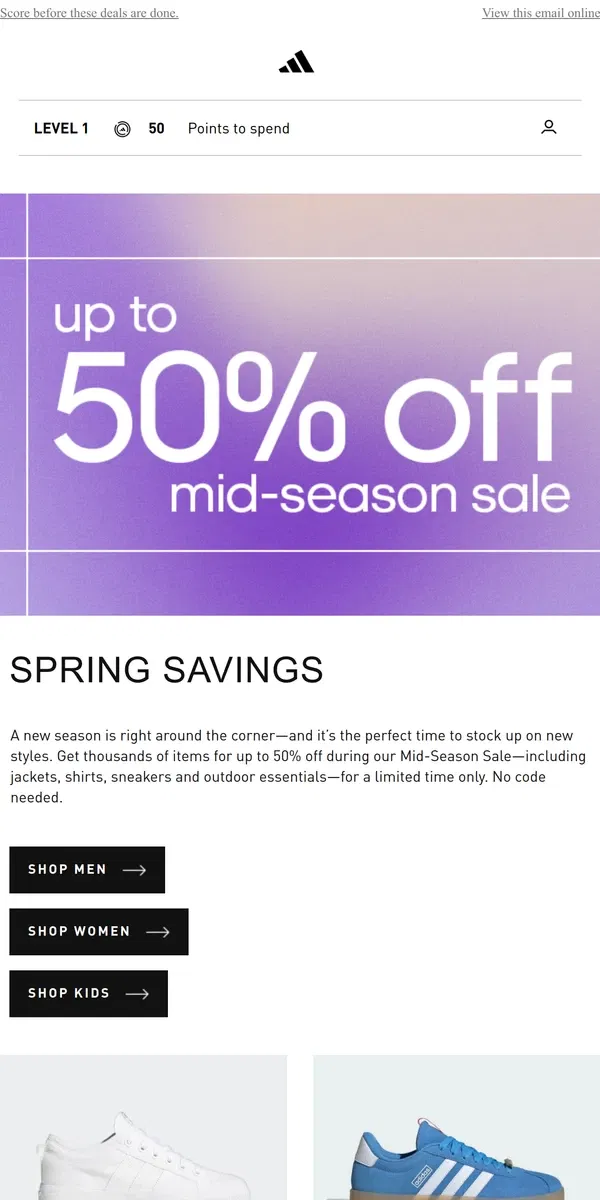 Email from Adidas. Save up to 50% for spring! 👉