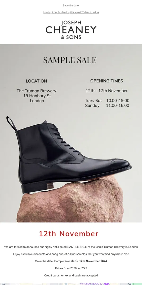 Email from Joseph Cheaney. Sample Sale in London  - Starts 12th November