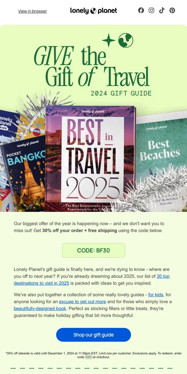 Email from Lonely Planet. Starts now: 30% off all guidebooks