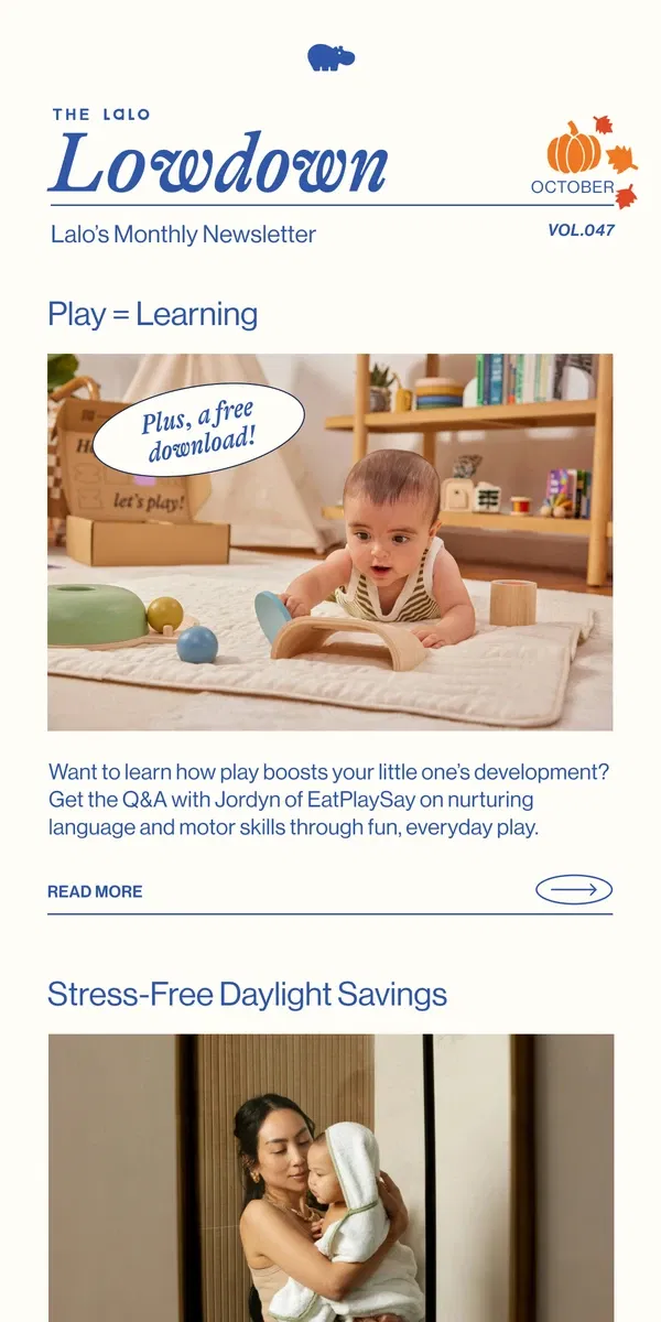 Email from Lalo. Learning Through Play + Holiday Hosting Made Easy 🍂