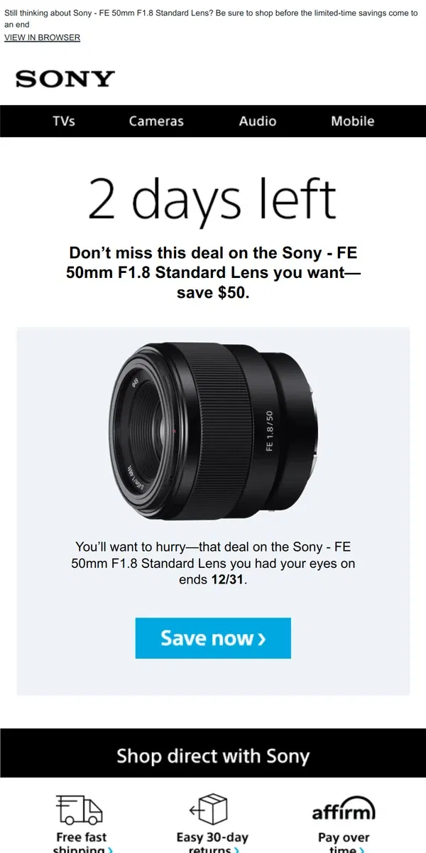 Email from Sony. Savings End Soon | Get What You Wanted for $50 Off