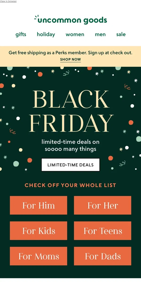 Email from Uncommon Goods. Limited-time Black Friday deals inside