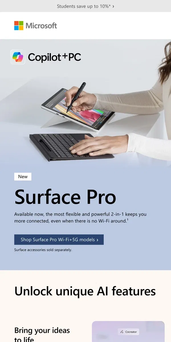 Email from Microsoft Store. Introducing the new Surface Pro Wi-Fi+5G models