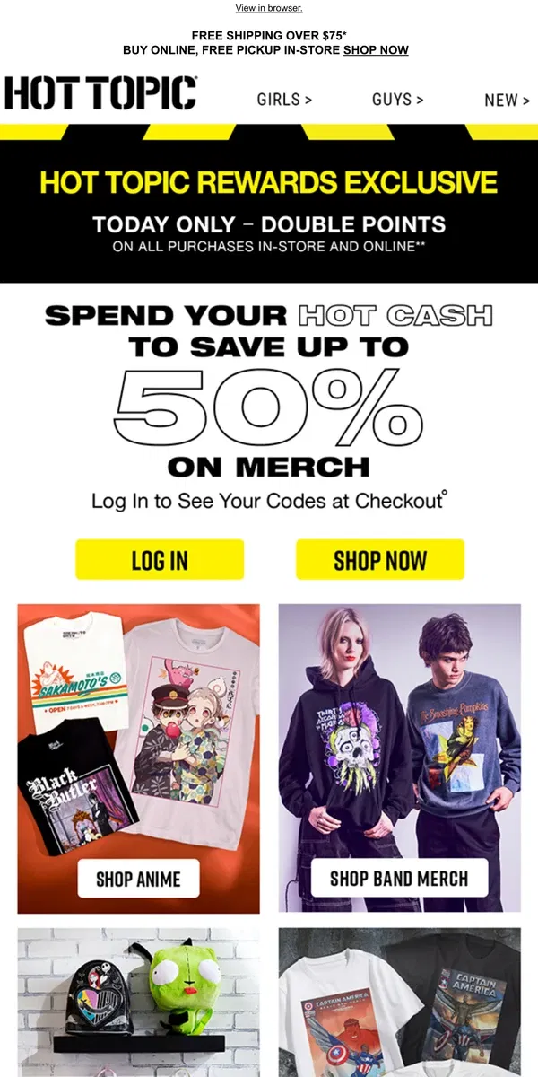 Email from Hot Topic. Spend 👏 Your 👏 Hot Cash 👏 NOW 👏