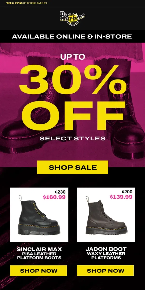 Email from Dr. Martens. Shop platforms up to 30% off