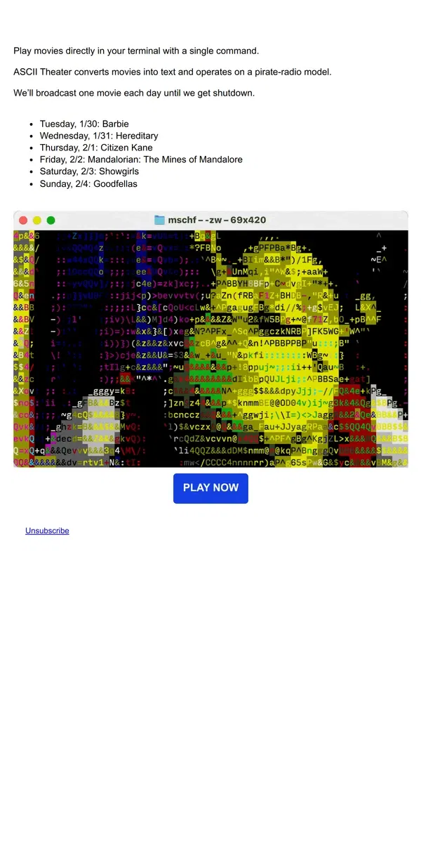 Email from MSCHF. NOW PLAYING: Pirated movies in your command line