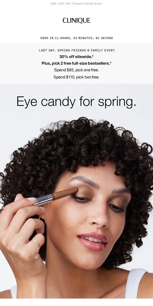 Email from Clinique. Eye spy new spring makeup 👀 30% off today. 