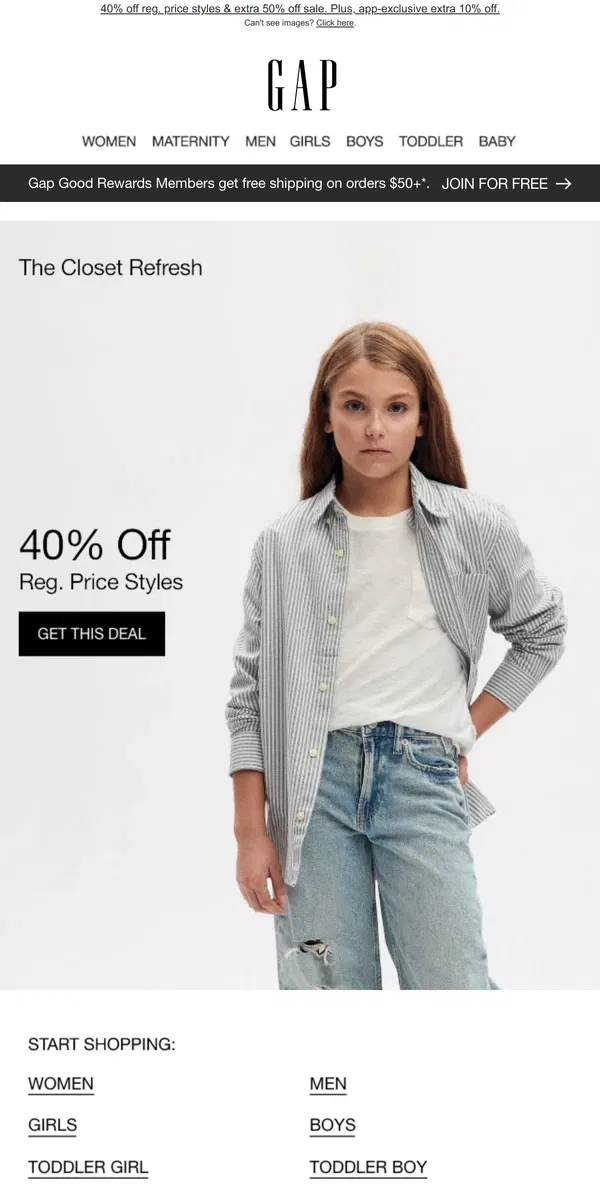 Email from GAP. 50% 50% | Save MORE on SALE | 50% 50%