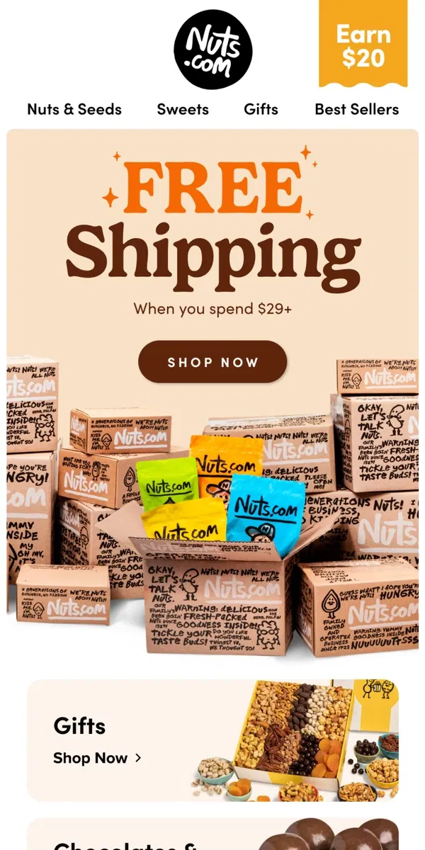 Email from Nuts.com. FREE SHIPPING on your *entire* order!