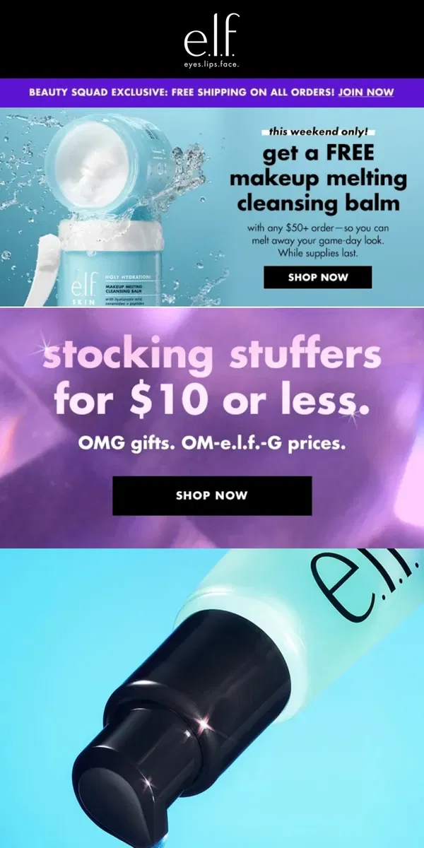 Email from e.l.f.. Stocking stuffers for $10 or less 🧦🎁​				 