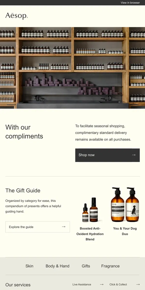 Email from Aesop. Enjoy complimentary standard delivery