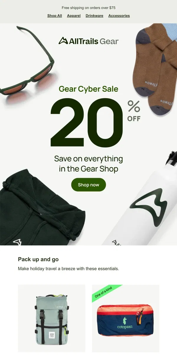 Email from AllTrails. Save 20% on AllTrails Gear