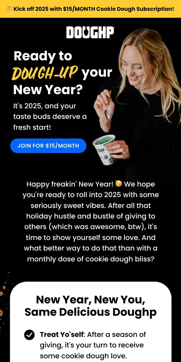 Email from Doughp. New Year, New Doughp! 🎉 Treat Yo'self in 2025