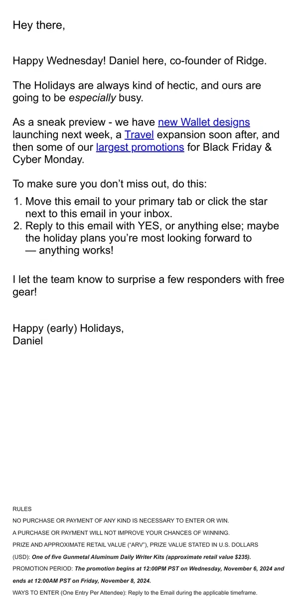 Email from The Ridge. Holiday Sneak Peek & a Gear Giveaway