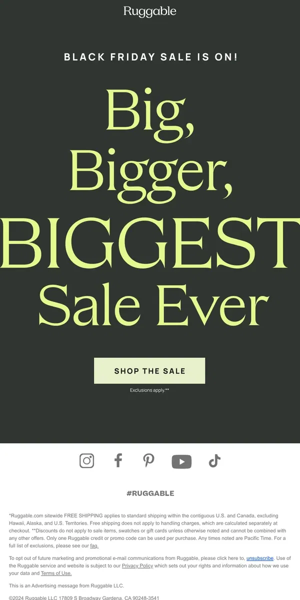 Email from Ruggable. Our BIGGEST SALE of the year!