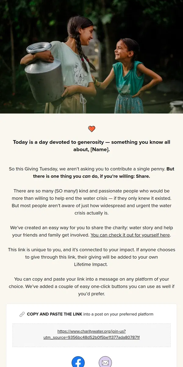 Email from charity: water. One easy (and beautiful!) way to help this Giving Tuesday