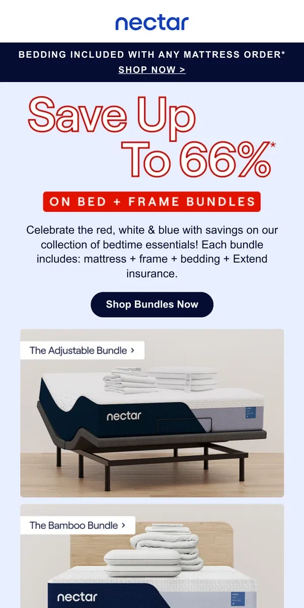 Email from Nectar. Red, White & Rest 😴! Save Up to 66% on Bed + Frame Bundles.