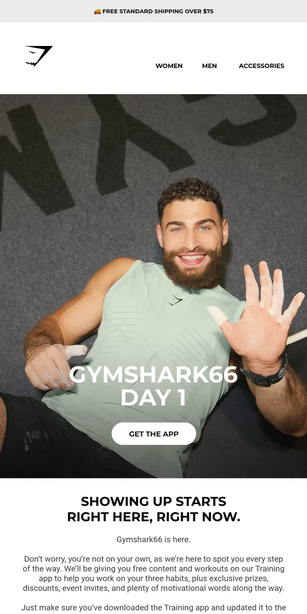 Email from Gymshark. [Name], it’s Day 1. You ready to show up?