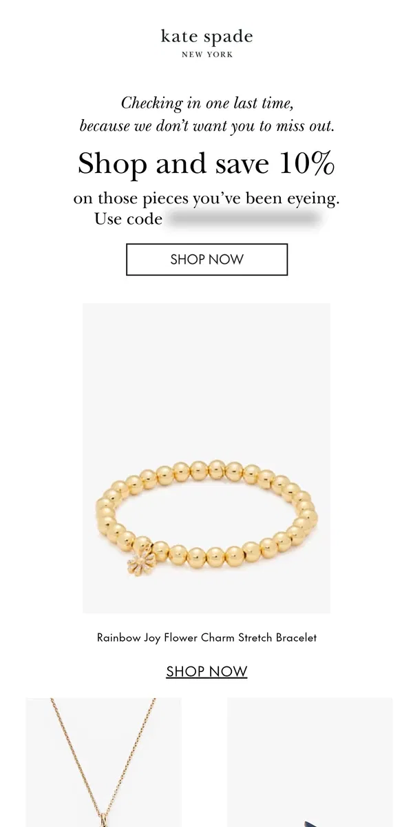 Email from Kate Spade. Last chance: take 10% off this special style