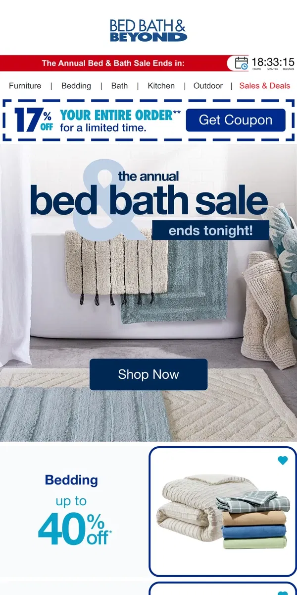 Email from Bed Bath & Beyond. 🚨 Hurry, Our Annual Bed & Bath Sale Ends TONIGHT 🚨