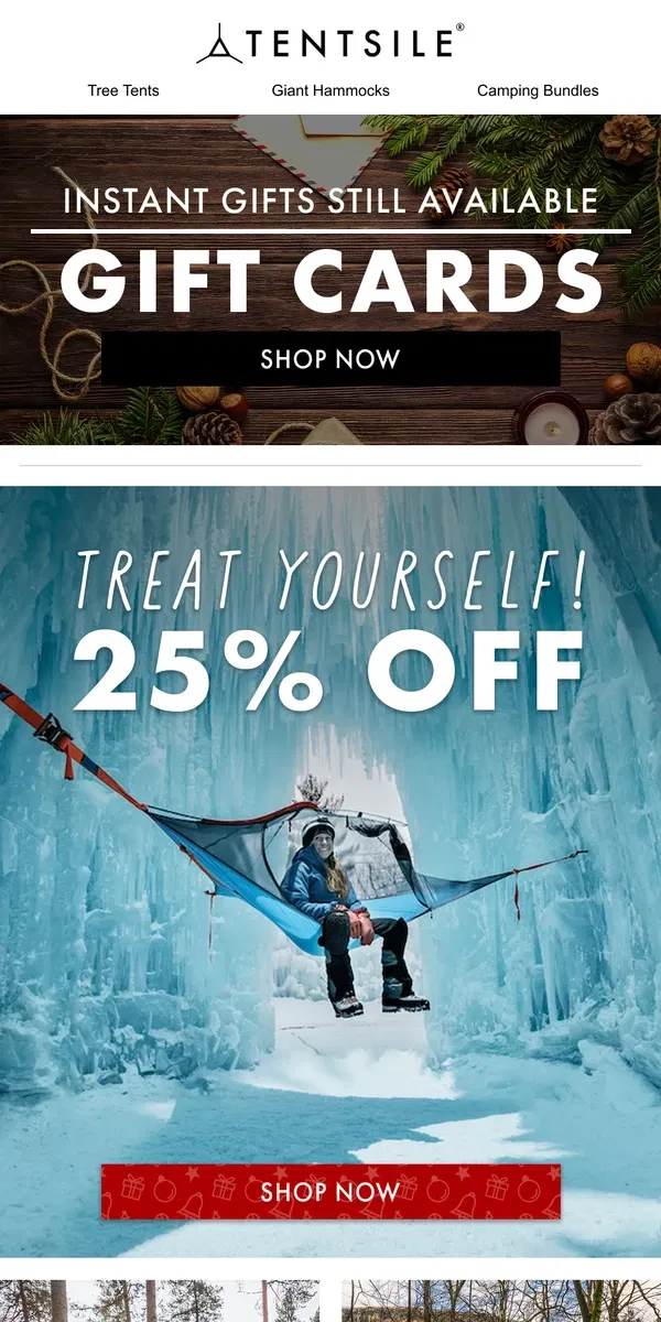 Email from Tentsile. Treat Yourself | 25% Off 🎄