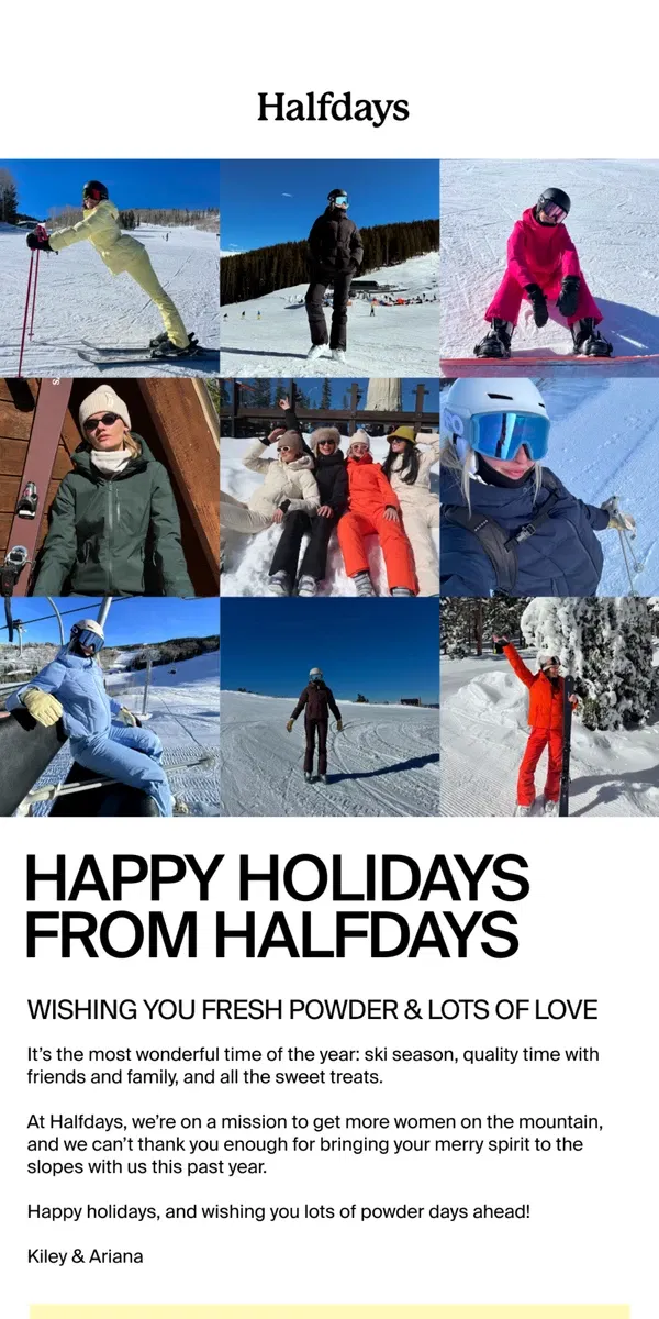 Email from Halfdays. Happy Holidays from Halfdays ❄️