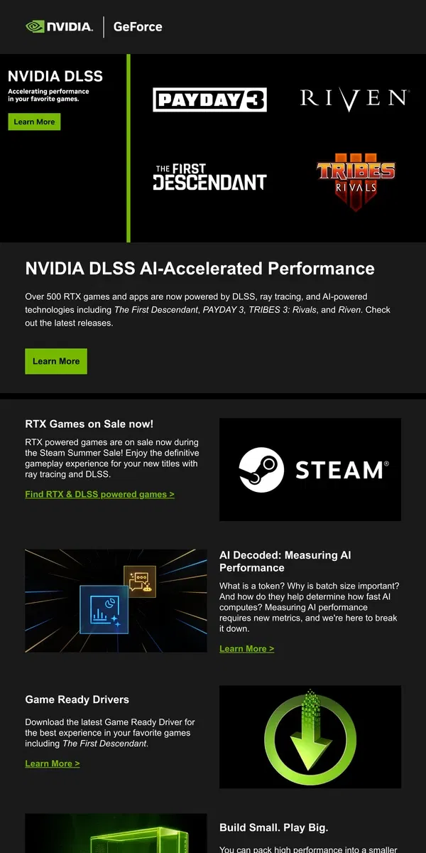 Email from NVIDIA. New AI-powered DLSS Games, RTX Games on Sale, and Measure AI Performance.