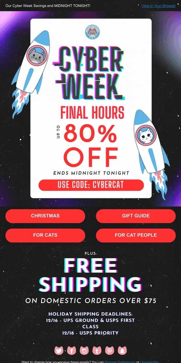 Email from Meowingtons. ❌❌ 5 HOURS LEFT! ❌❌ UP TO 80% OFF❌❌