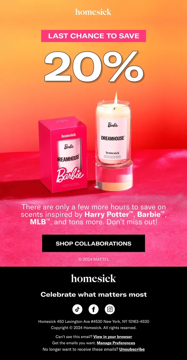 Email from Homesick Candles. LAST CALL: The Collaborations Sale