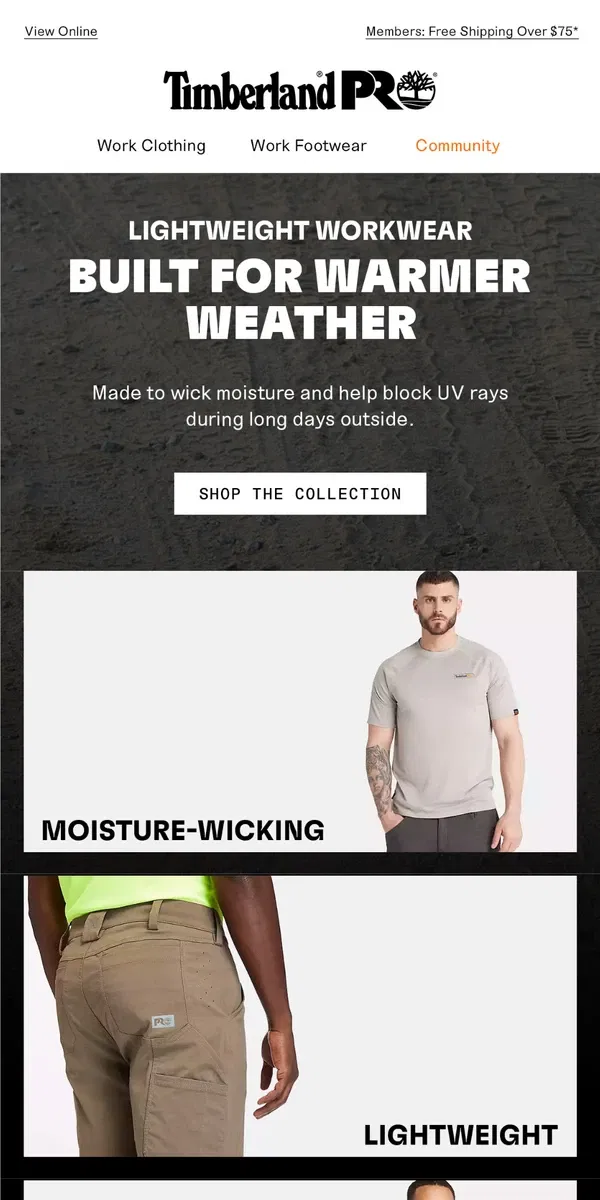 Email from Timberland. Workwear to keep you cooler on warm days.​