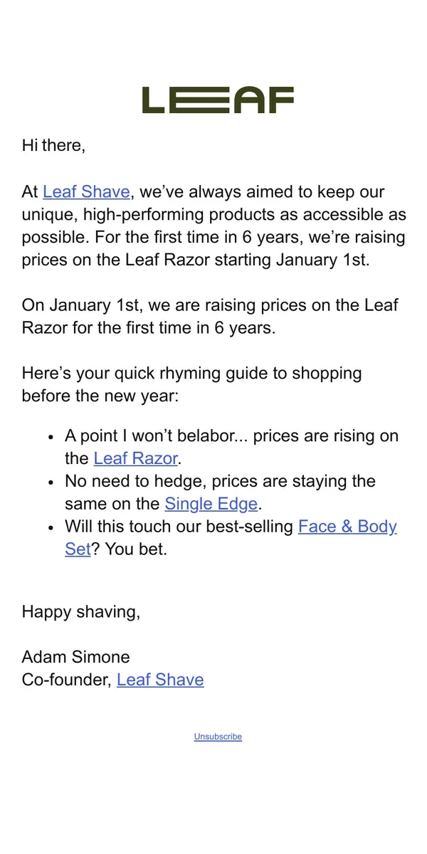 Email from Leaf Shave. Price Changes Coming on January 1st