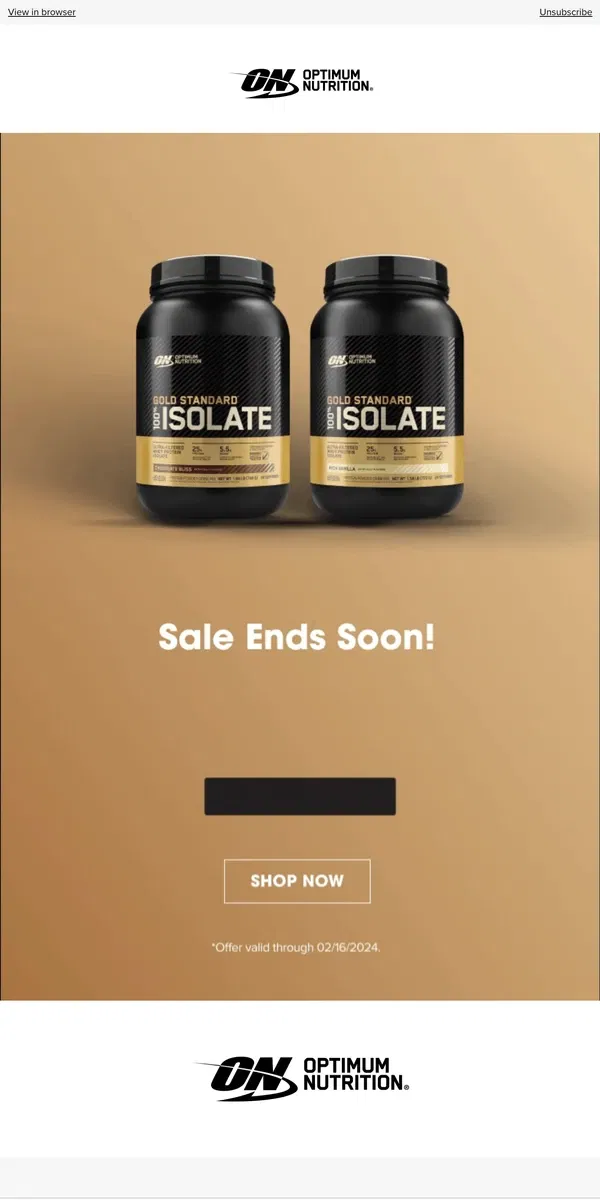 Email from Optimum Nutrition. 10% Off Gold Standard 100% Isolate