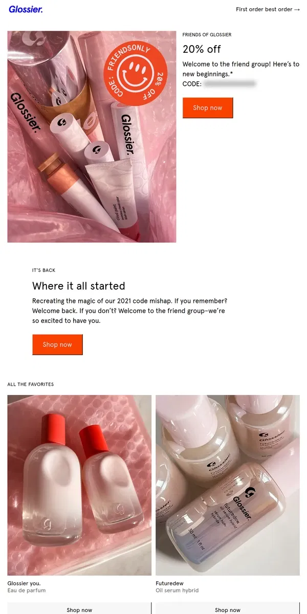 Email from Glossier. Early access for new friends