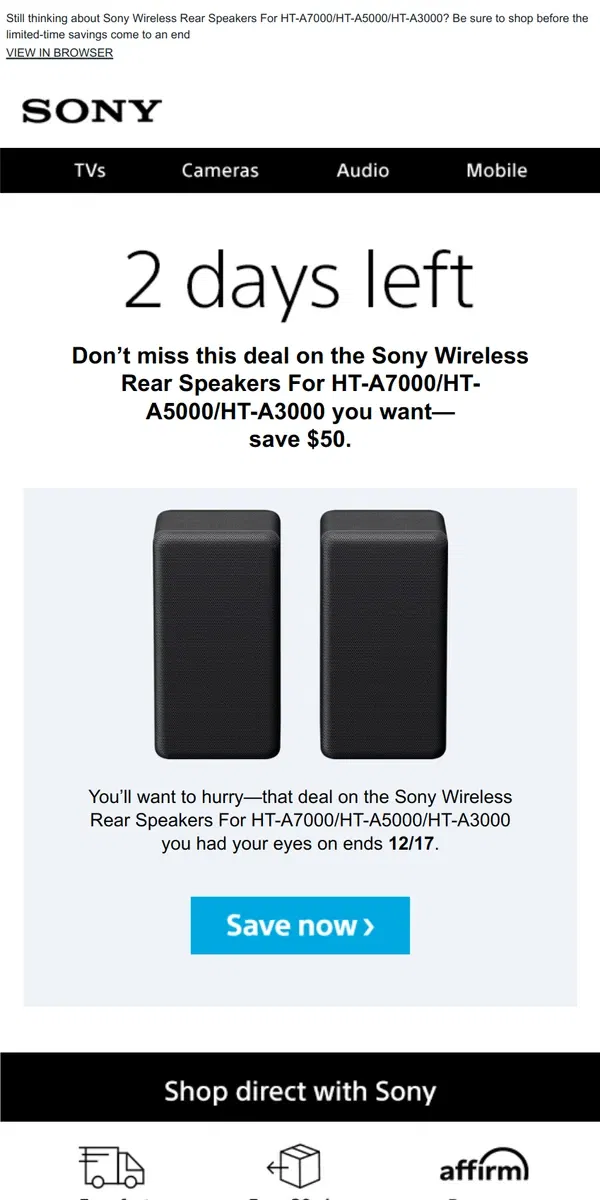 Email from Sony. Savings End Soon | Get What You Wanted for $50 Off