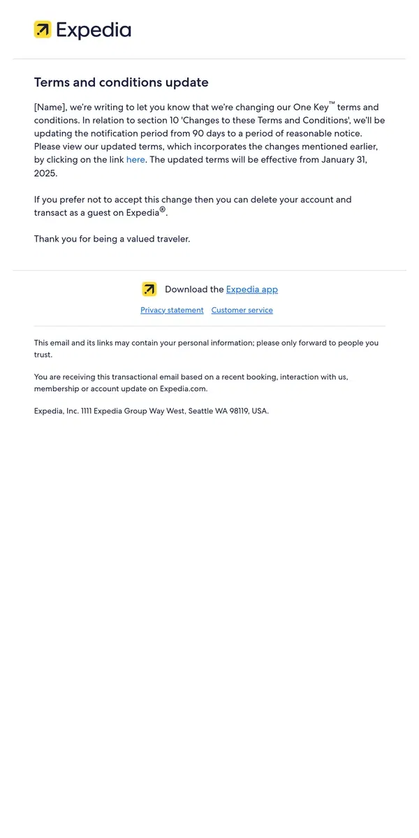 Email from Expedia. We're changing our terms