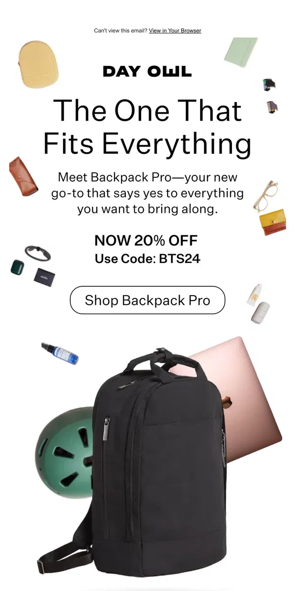 Email from Day Owl. Our Backpack Pro is the boss of all bags 😎